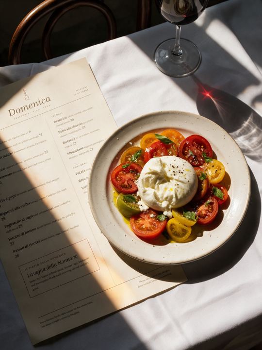Burrata and heirloom tomatoes, with tonight’s menu.