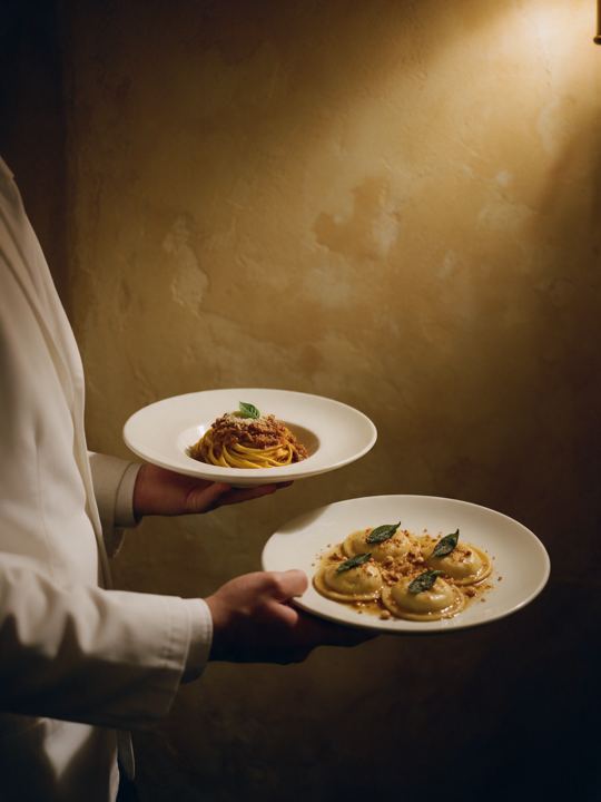 Tagliatelle al ragù and ravioli di ricotta, on their way.